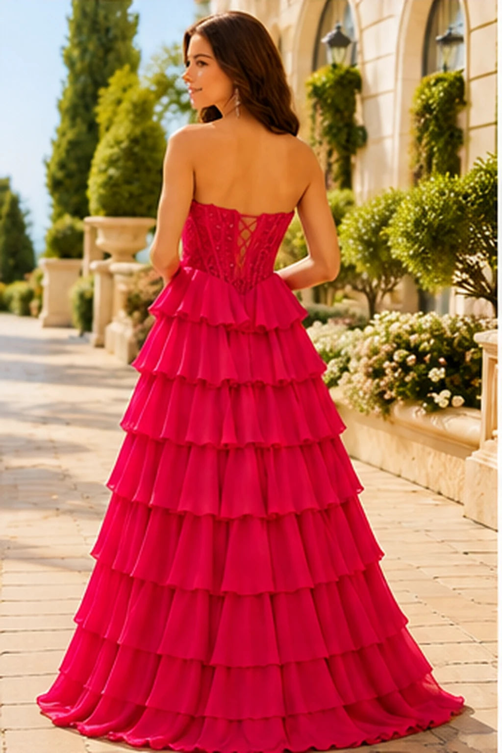 Galisse Strapless Tiered Ruffle Ball Gown Prom Dress in Bright Rose Pink prom gown, back view