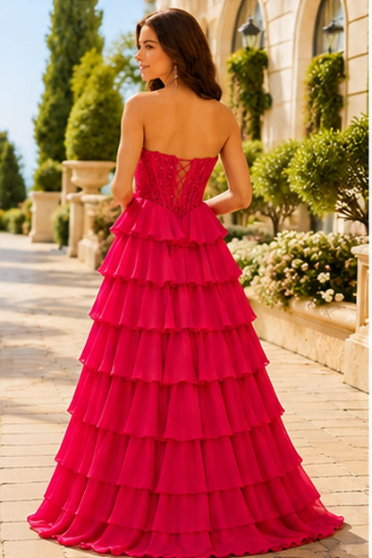 Galisse Strapless Tiered Ruffle Ball Gown Prom Dress in Bright Rose Pink prom gown, back view