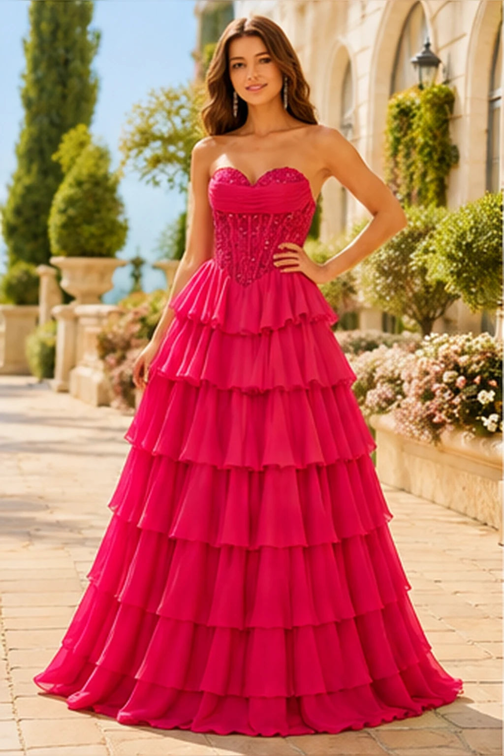 Galisse Strapless Tiered Ruffle Ball Gown Prom Dress in Bright Rose Pink prom gown, front view