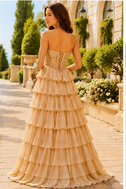 Galisse Strapless Tiered Ruffle Ball Gown Prom Dress in Champagne Gold prom gown, back view