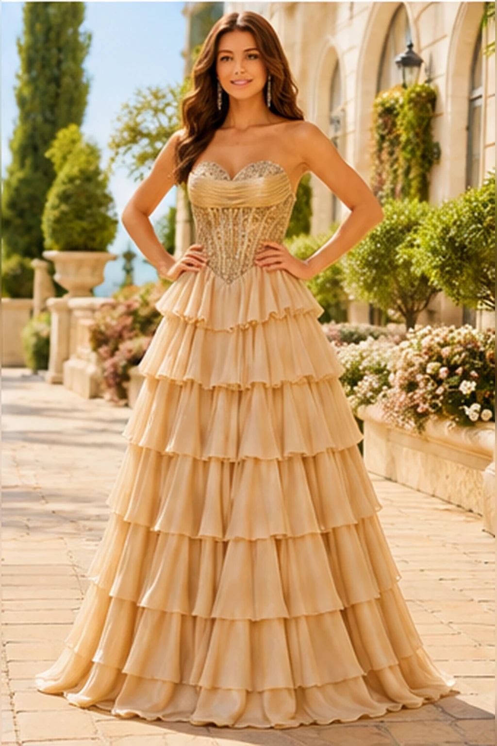Galisse Strapless Tiered Ruffle Ball Gown Prom Dress in Champagne Gold prom gown, front view