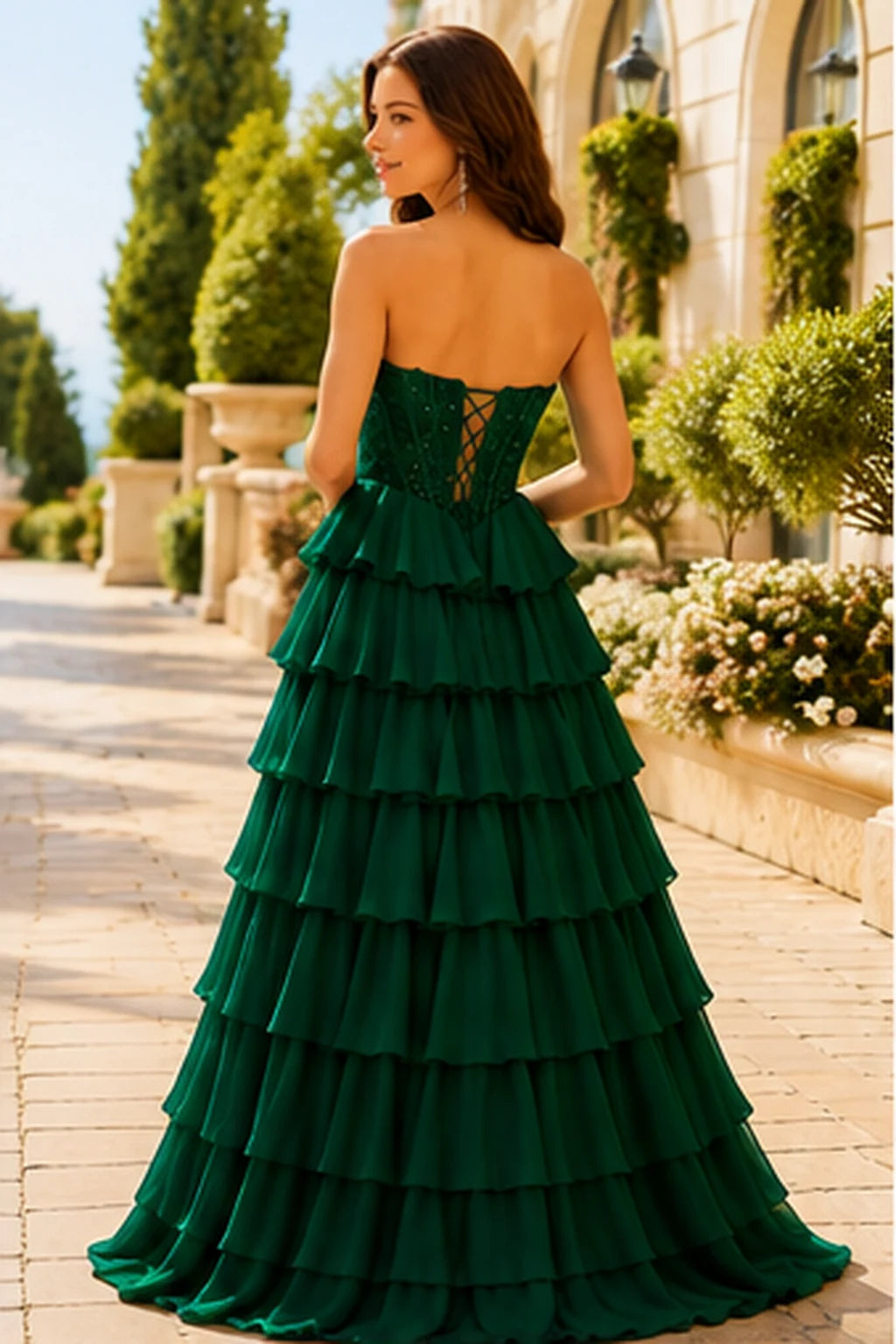 Galisse Strapless Tiered Ruffle Ball Gown Prom Dress in Emerald Green prom gown, back view