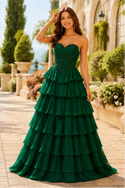 Galisse Strapless Tiered Ruffle Ball Gown Prom Dress in Emerald Green prom gown, front view