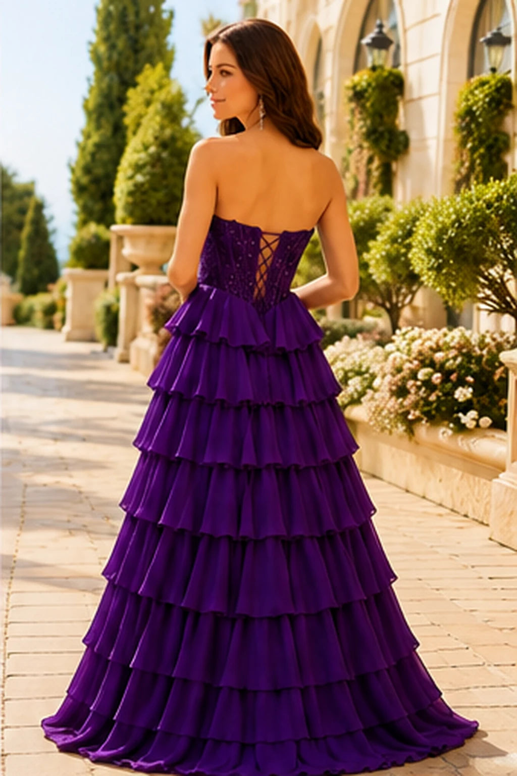 Galisse Strapless Tiered Ruffle Ball Gown Prom Dress in Gemstone Purple prom gown, back view