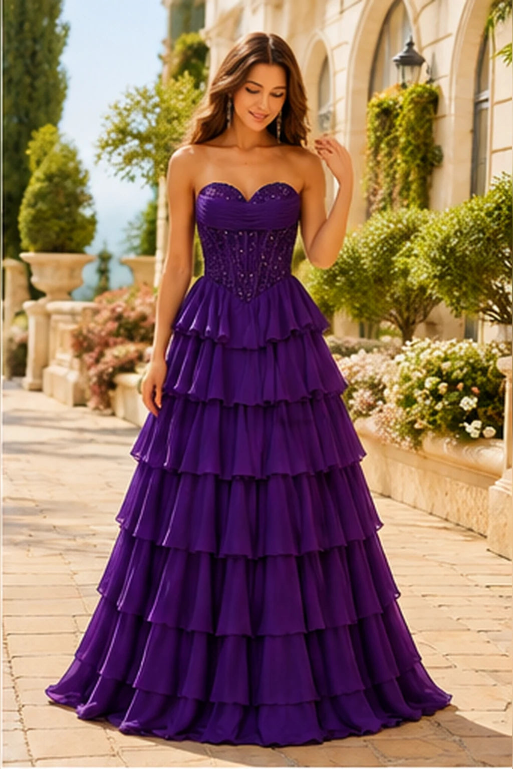 Galisse Strapless Tiered Ruffle Ball Gown Prom Dress in Gemstone Purple prom gown, front view