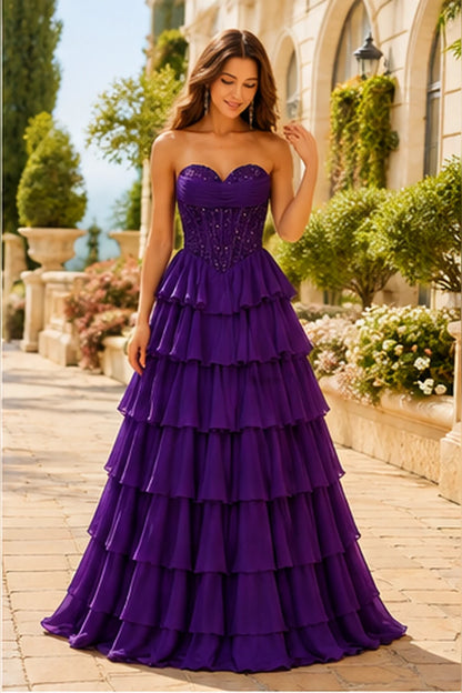Galisse Strapless Tiered Ruffle Ball Gown Prom Dress in Gemstone Purple prom gown, front view