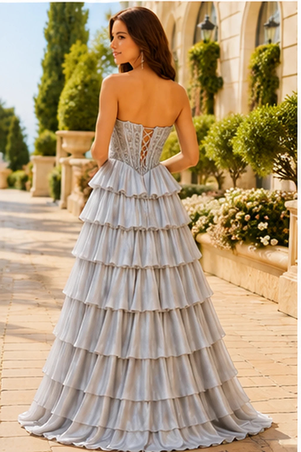 Galisse Strapless Tiered Ruffle Ball Gown Prom Dress in Metallic Silver prom gown, back view