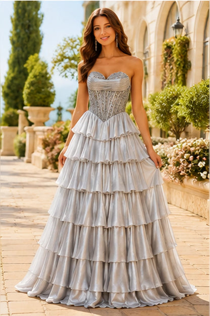 Galisse Strapless Tiered Ruffle Ball Gown Prom Dress in Metallic Silver prom gown, front view