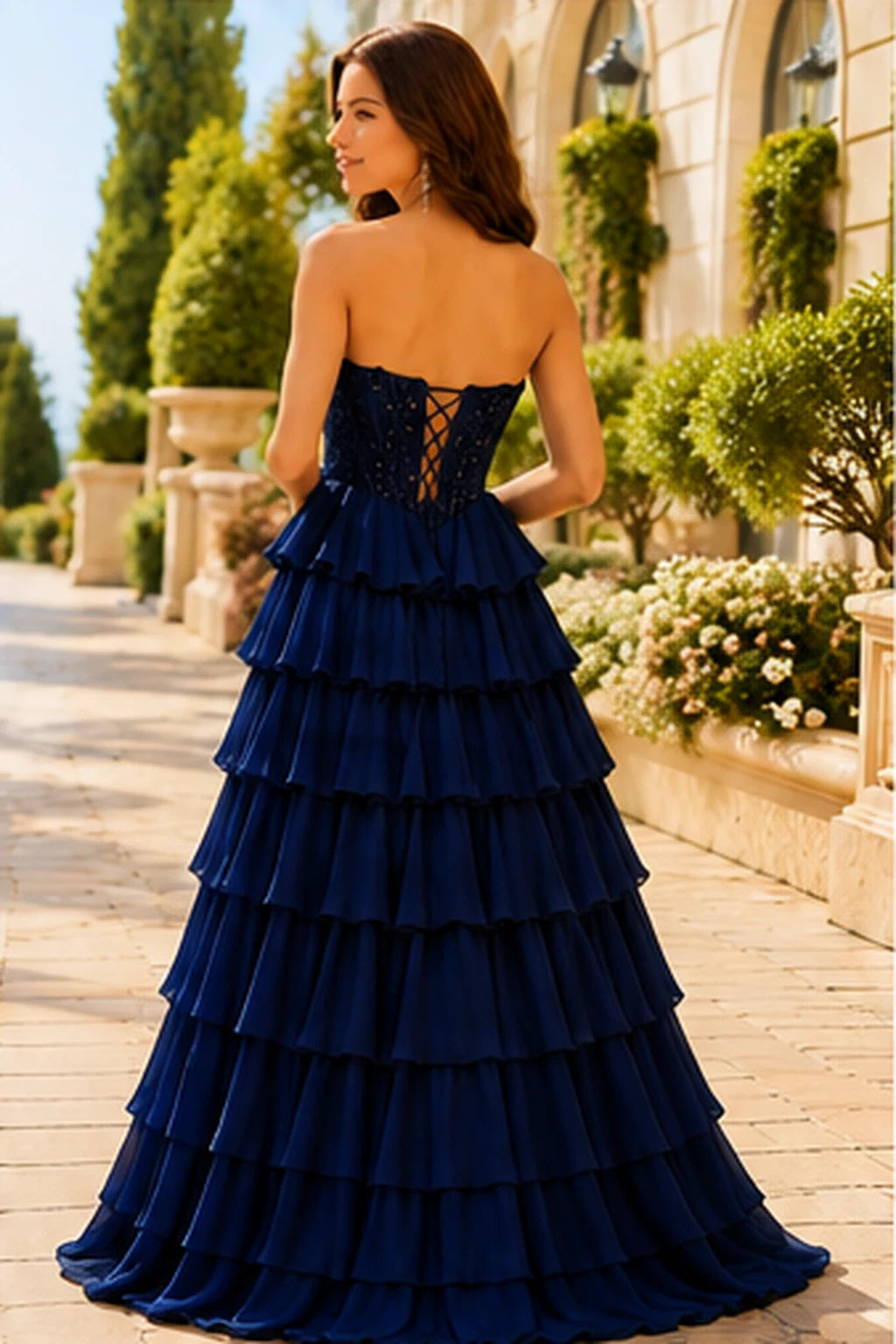 Galisse Strapless Tiered Ruffle Ball Gown Prom Dress in Navy Blue prom gown, back view