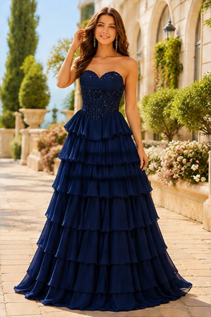 Galisse Strapless Tiered Ruffle Ball Gown Prom Dress in Navy Blue prom gown, front view