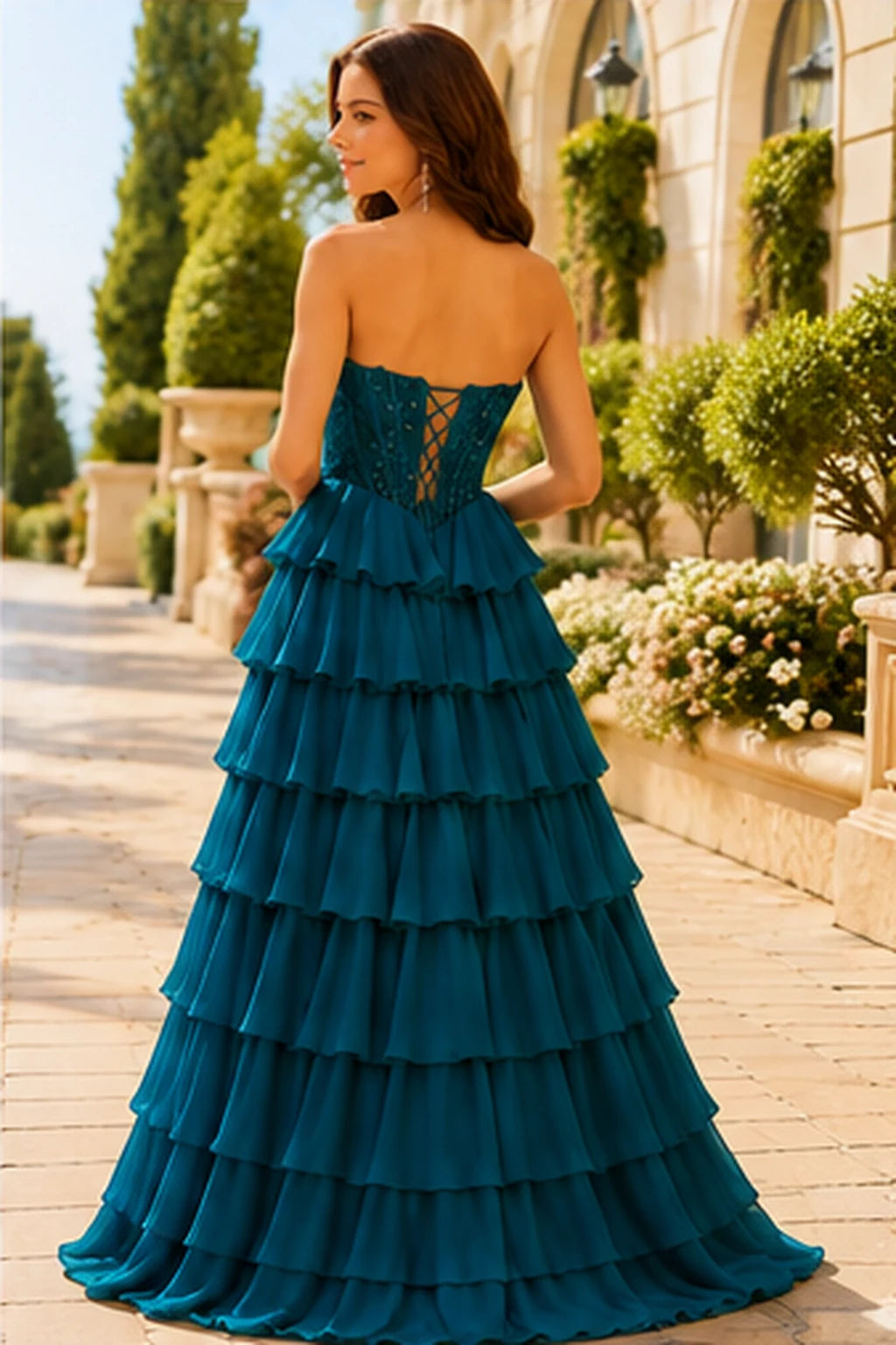 Galisse Strapless Tiered Ruffle Ball Gown Prom Dress in Peacock Teal prom gown, back view