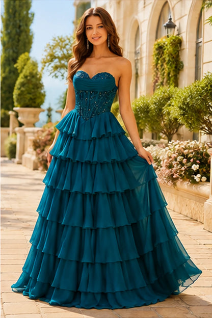 Galisse Strapless Tiered Ruffle Ball Gown Prom Dress in Peacock Teal prom gown, front view