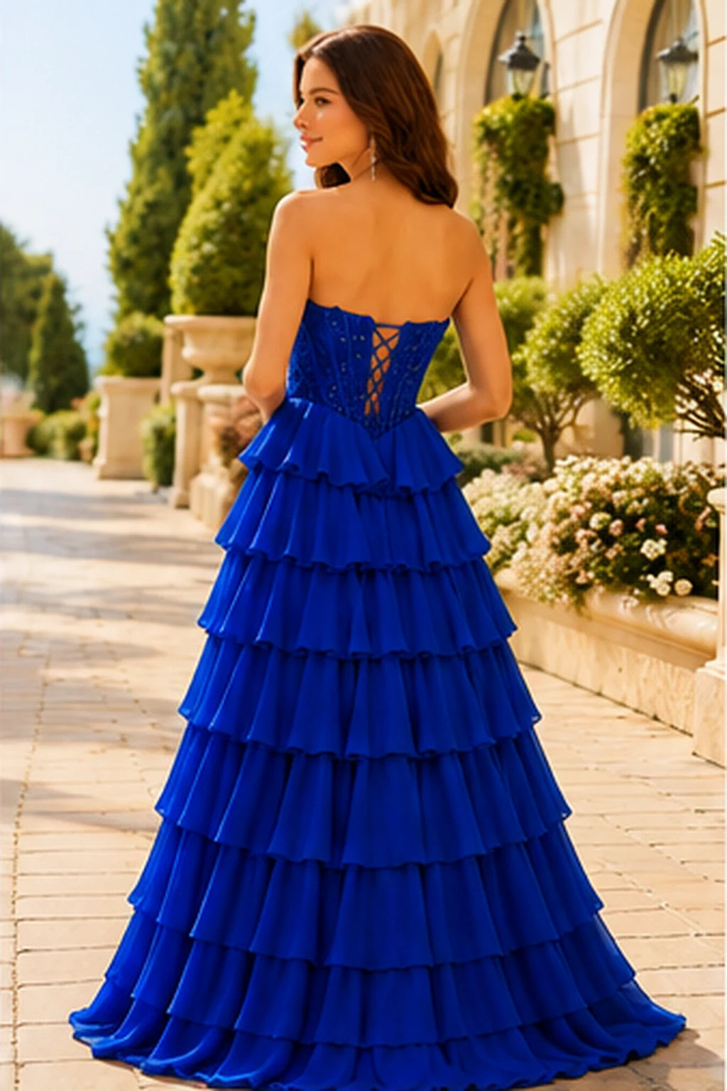 Galisse Strapless Tiered Ruffle Ball Gown Prom Dress in Royal Blue prom gown, back view