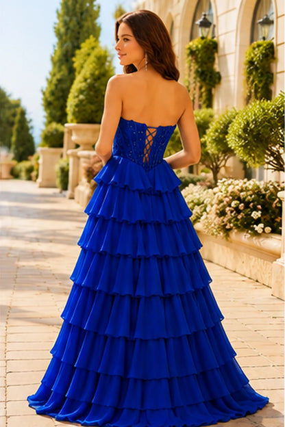 Galisse Strapless Tiered Ruffle Ball Gown Prom Dress in Royal Blue prom gown, back view