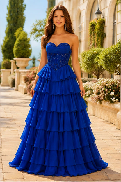 Galisse Strapless Tiered Ruffle Ball Gown Prom Dress in Royal Blue prom gown, front view