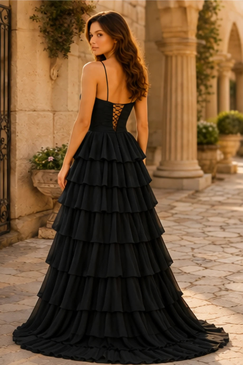 Helora Cutout Spaghetti Strap Tiered Ruffle Prom Dress with Slit in Black prom gown, back view