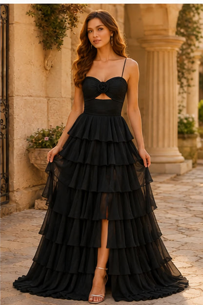 Helora Cutout Spaghetti Strap Tiered Ruffle Prom Dress with Slit in Black prom gown, front view