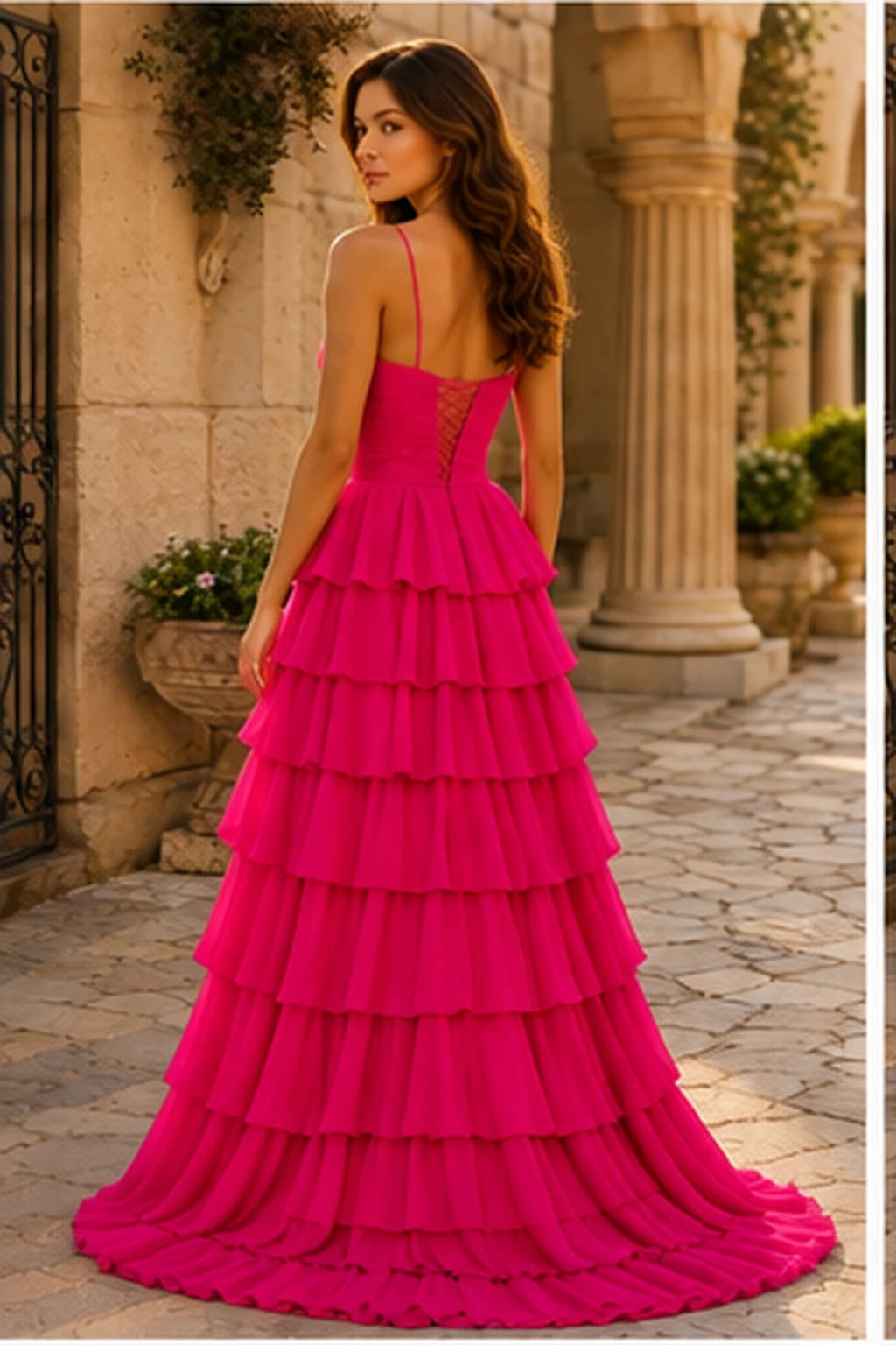Helora Cutout Spaghetti Strap Tiered Ruffle Prom Dress with Slit in Bright Rose Pink prom gown, back view