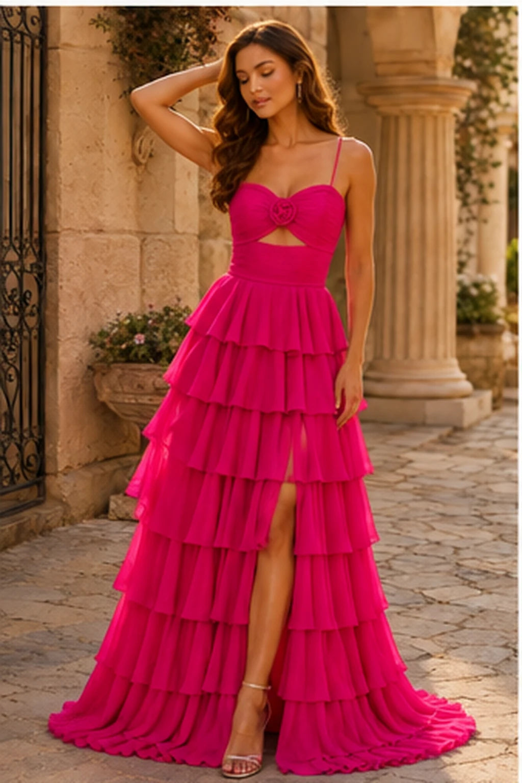 Helora Cutout Spaghetti Strap Tiered Ruffle Prom Dress with Slit in Bright Rose Pink prom gown, front view