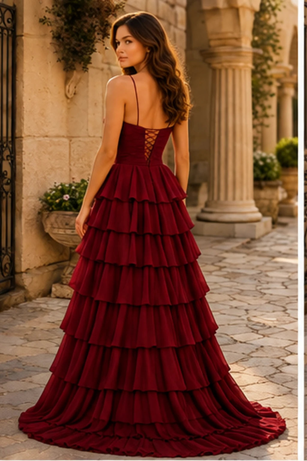 Helora Cutout Spaghetti Strap Tiered Ruffle Prom Dress with Slit in Burgundy prom gown, back view