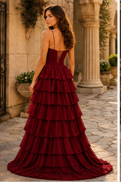 Helora Cutout Spaghetti Strap Tiered Ruffle Prom Dress with Slit in Burgundy prom gown, back view
