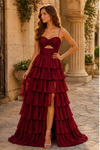 Helora Cutout Spaghetti Strap Tiered Ruffle Prom Dress with Slit in Burgundy prom gown, front view