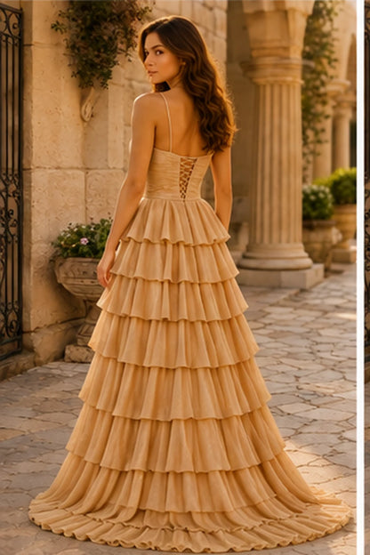 Helora Cutout Spaghetti Strap Tiered Ruffle Prom Dress with Slit in Champagne Gold prom gown, back view