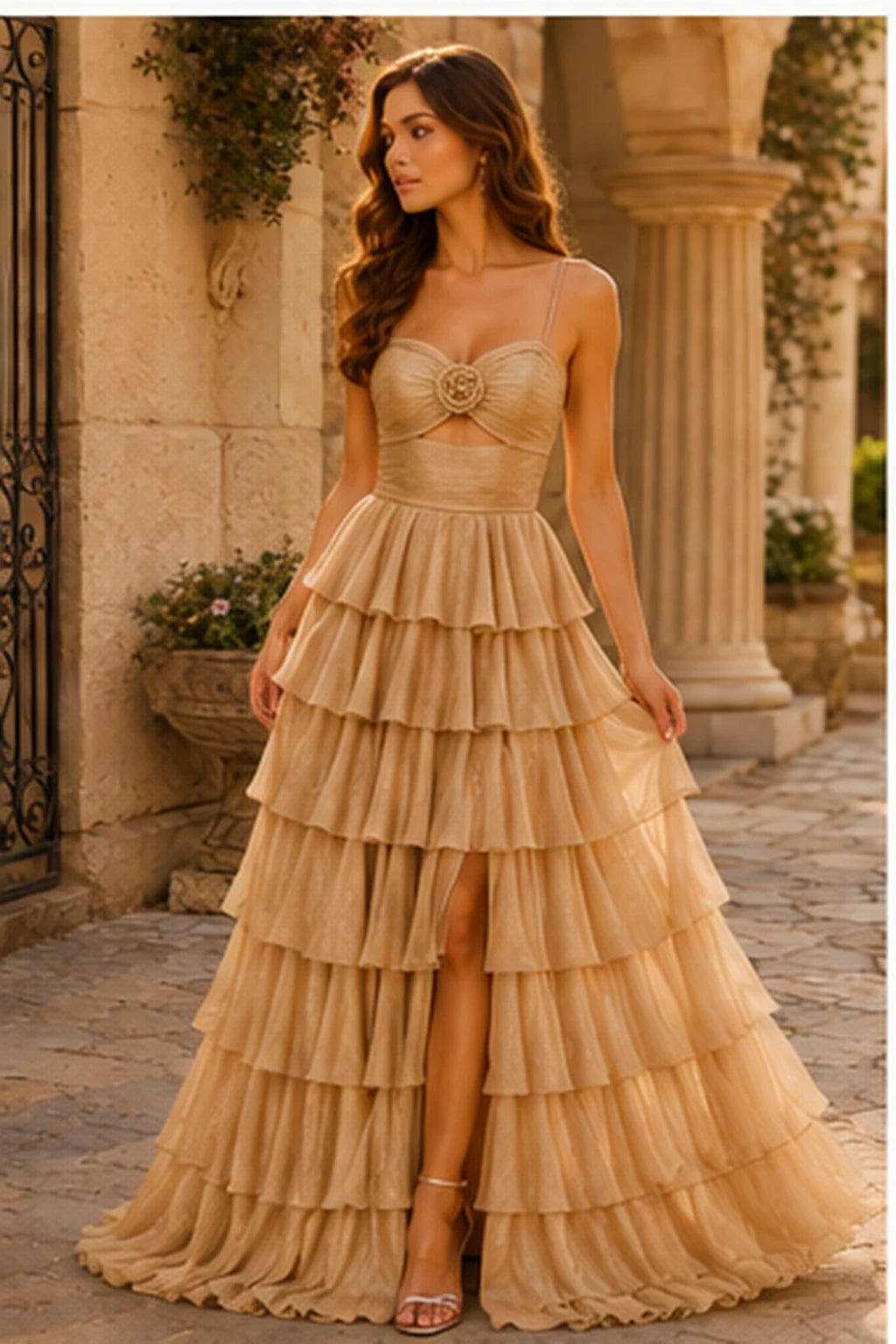 Helora Cutout Spaghetti Strap Tiered Ruffle Prom Dress with Slit in Champagne Gold prom gown, front view