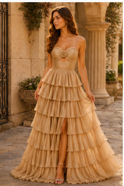 Helora Cutout Spaghetti Strap Tiered Ruffle Prom Dress with Slit in Champagne Gold prom gown, front view