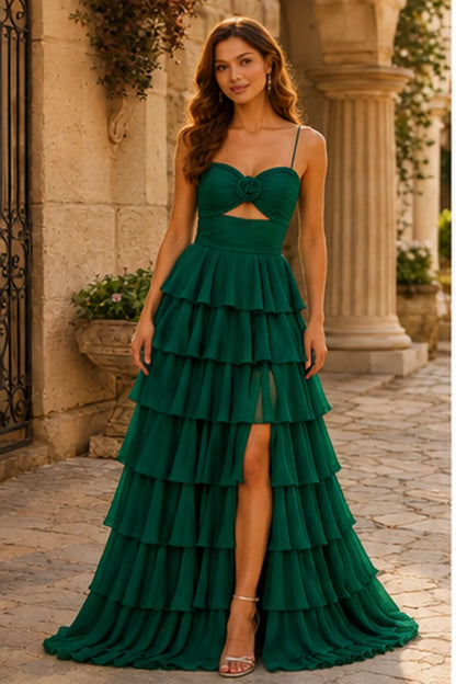 Helora Cutout Spaghetti Strap Tiered Ruffle Prom Dress with Slit in Emerald Green prom gown, front view