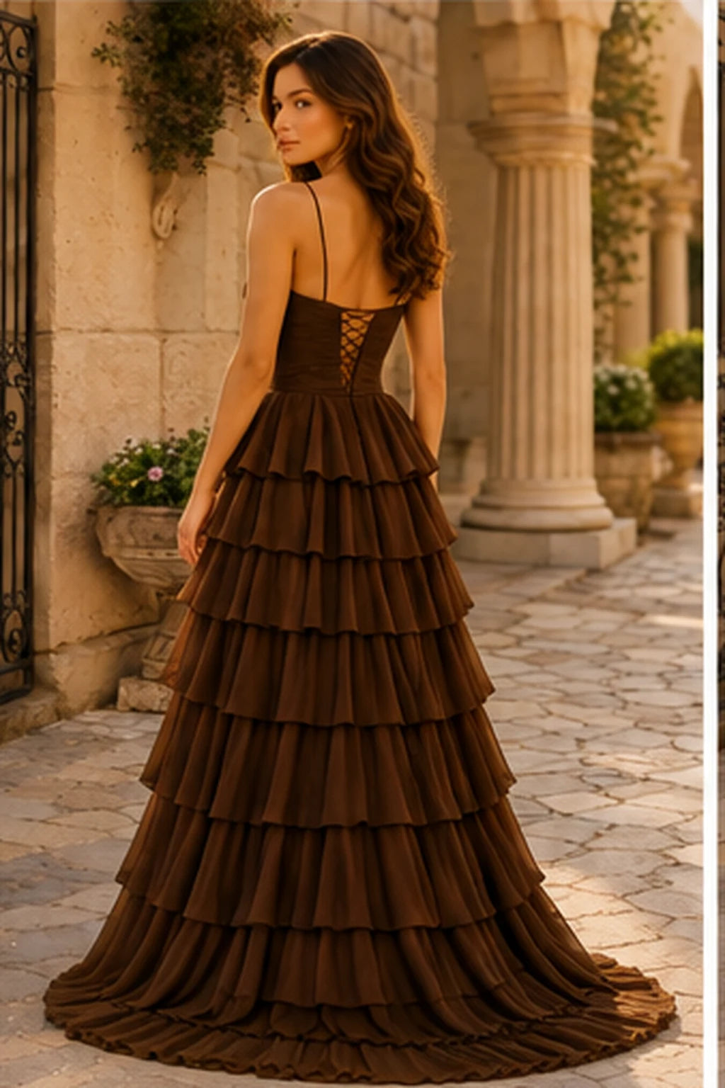 Helora Cutout Spaghetti Strap Tiered Ruffle Prom Dress with Slit in Espresso Brown prom gown, back view