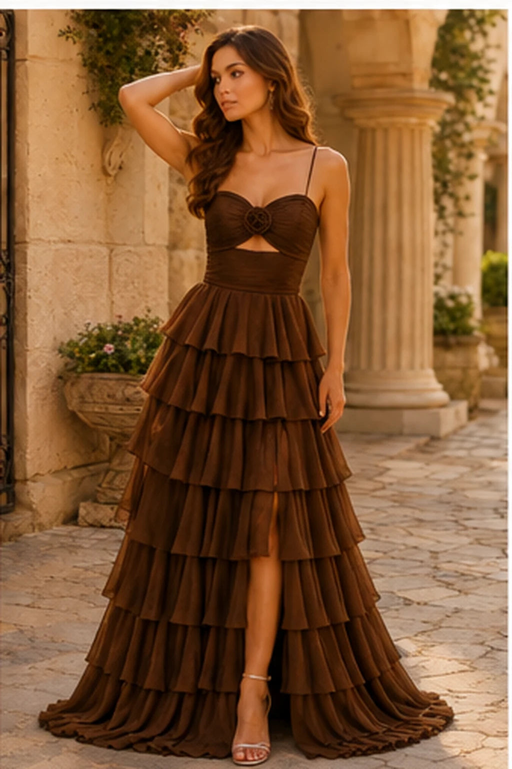 Helora Cutout Spaghetti Strap Tiered Ruffle Prom Dress with Slit in Espresso Brown prom gown, front view