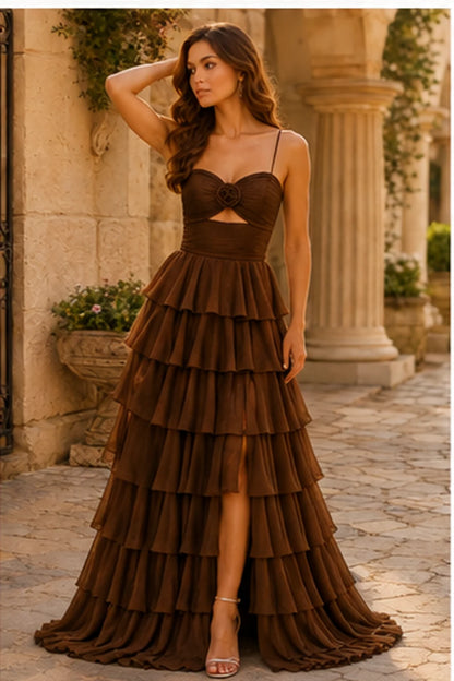 Helora Cutout Spaghetti Strap Tiered Ruffle Prom Dress with Slit in Espresso Brown prom gown, front view