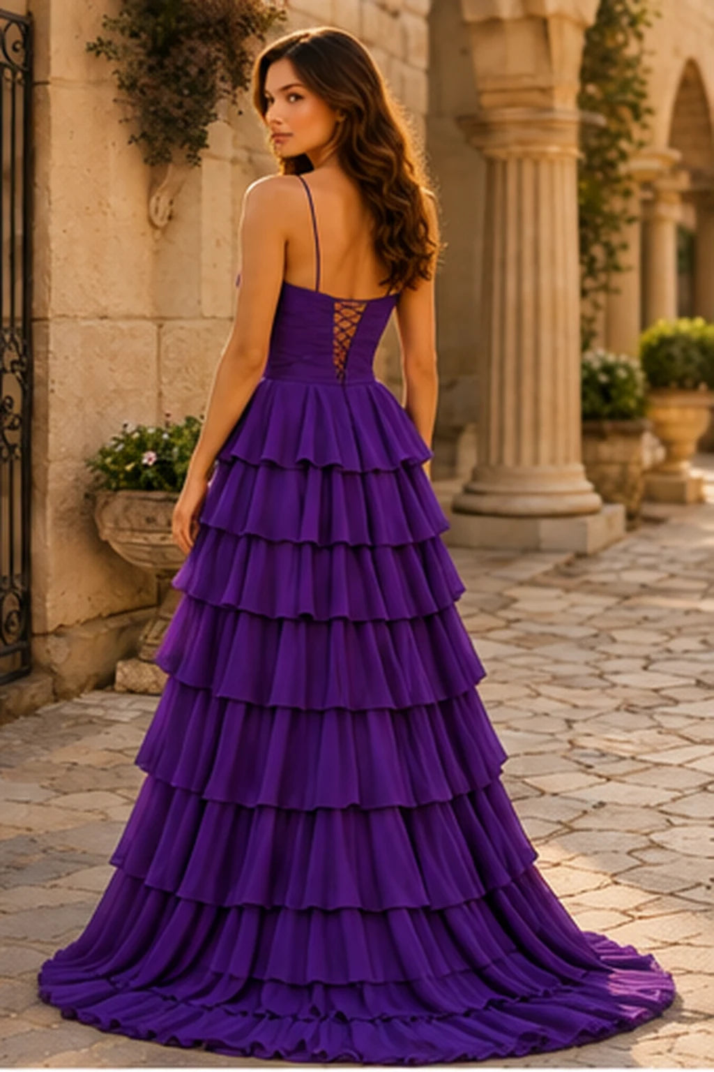 Helora Cutout Spaghetti Strap Tiered Ruffle Prom Dress with Slit in Gemstone Purple prom gown, back view