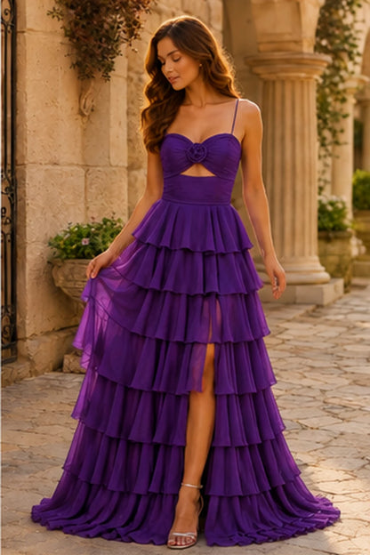 Helora Cutout Spaghetti Strap Tiered Ruffle Prom Dress with Slit in Gemstone Purple prom gown, front view