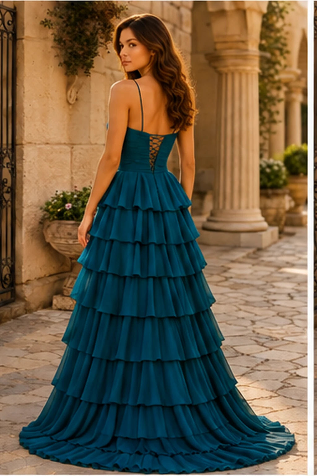Helora Cutout Spaghetti Strap Tiered Ruffle Prom Dress with Slit in Peacock Teal prom gown, back view