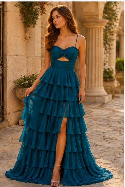 Helora Cutout Spaghetti Strap Tiered Ruffle Prom Dress with Slit in Peacock Teal prom gown, front view
