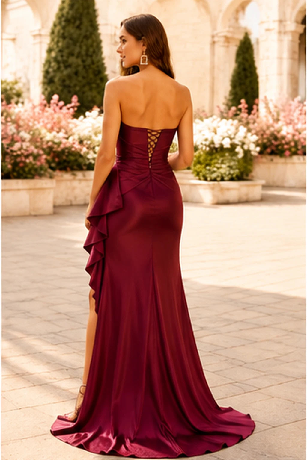 S8887P Strapless Ruched Ruffle Satin Prom Dress with Slit in Burgundy, back view