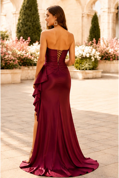S8887P Strapless Ruched Ruffle Satin Prom Dress with Slit in Burgundy, back view