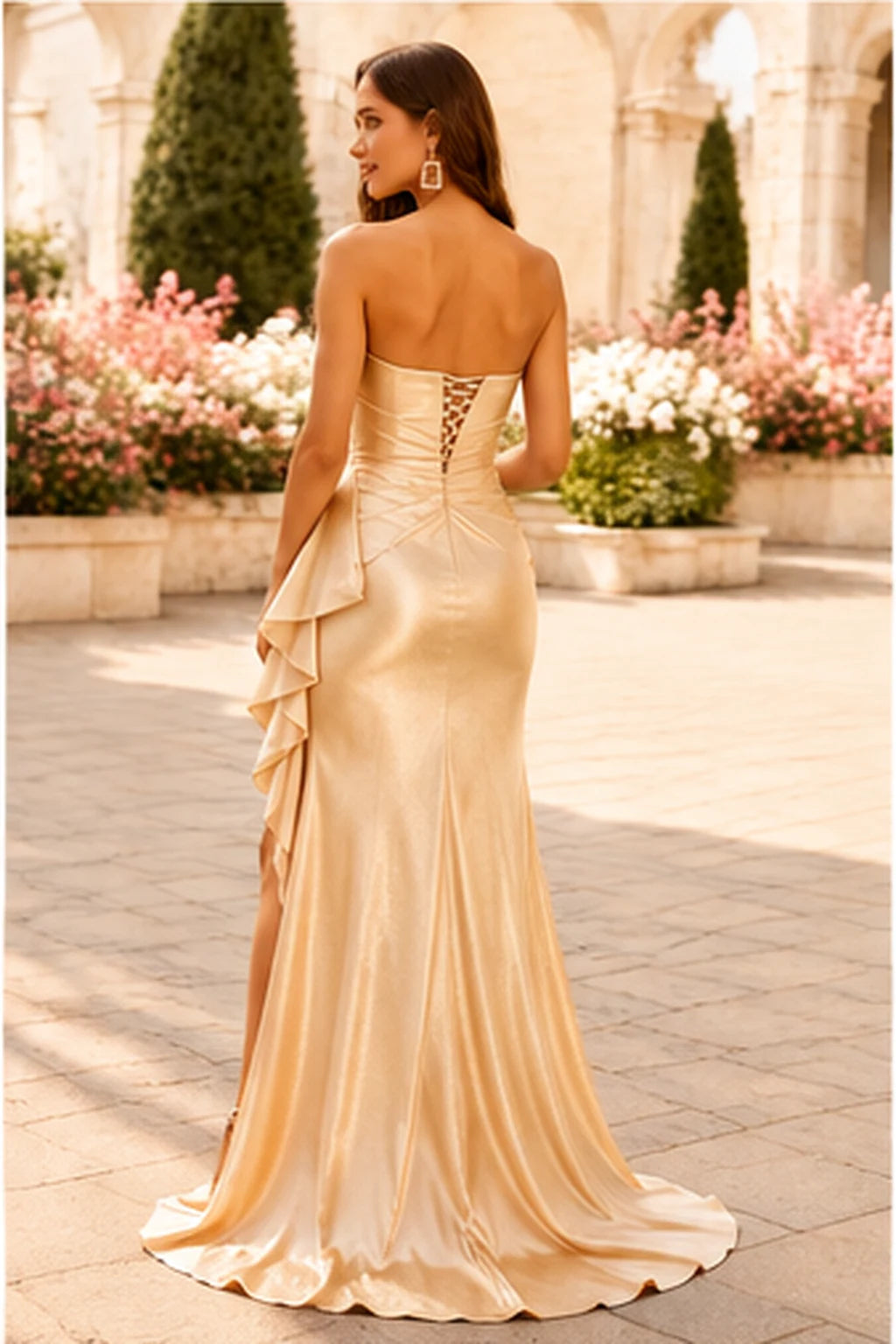 S8887P Strapless Ruched Ruffle Satin Prom Dress with Slit in Champagne Gold, back view