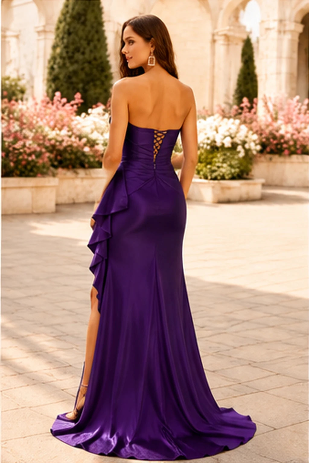 S8887P Strapless Ruched Ruffle Satin Prom Dress with Slit in Gemstone Purple, back view