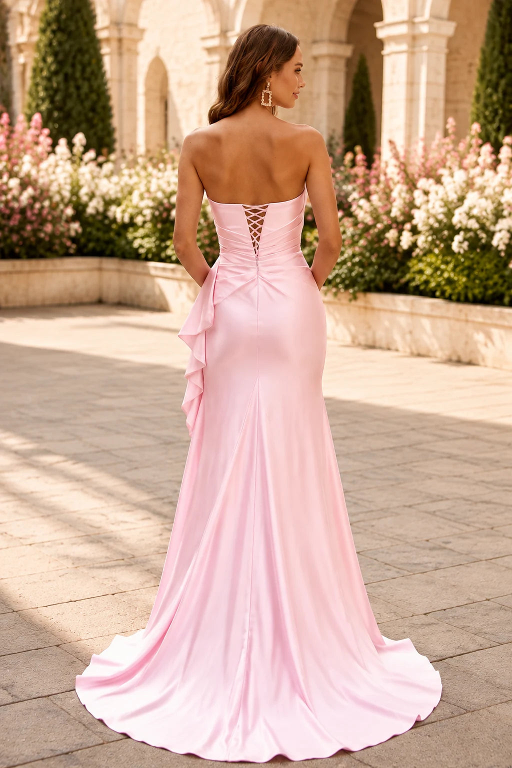 S8887P Strapless Ruched Ruffle Satin Prom Dress with Slit in Light Pink, back view