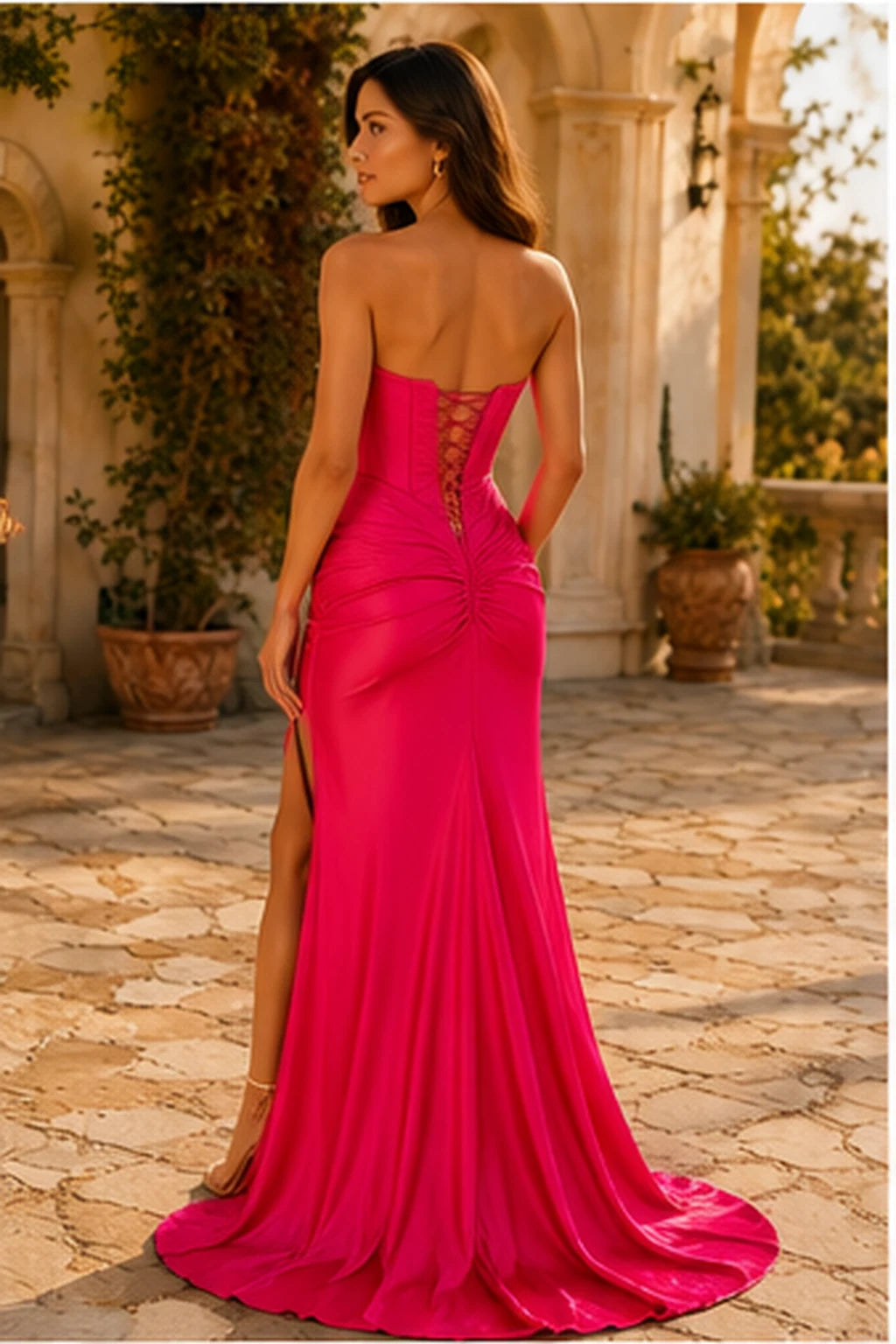 Jorelle Strapless Sweetheart Satin Mermaid Prom Dress with Slit in Bright Rose Pink prom gown, back view