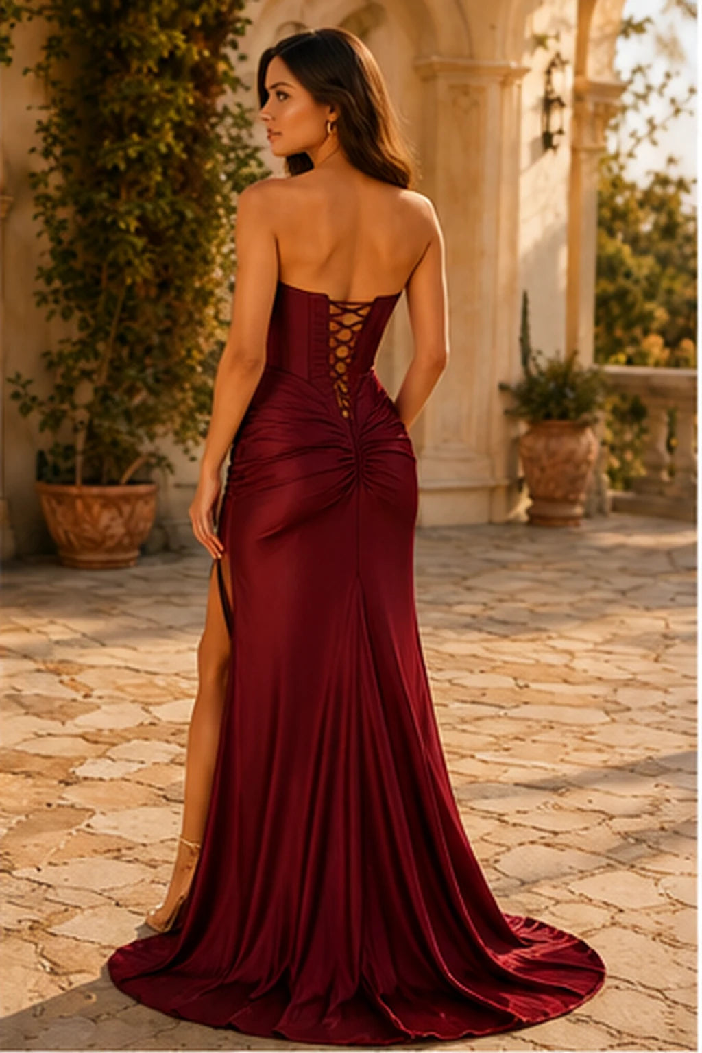 Jorelle Strapless Sweetheart Satin Mermaid Prom Dress with Slit in Burgundy prom gown, back view
