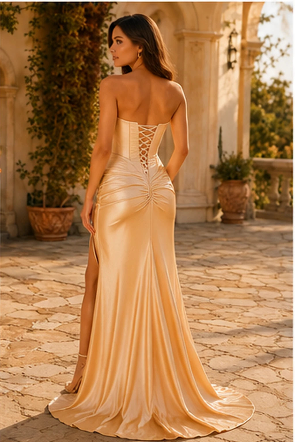 Jorelle Strapless Sweetheart Satin Mermaid Prom Dress with Slit in Champagne Gold prom gown, back view