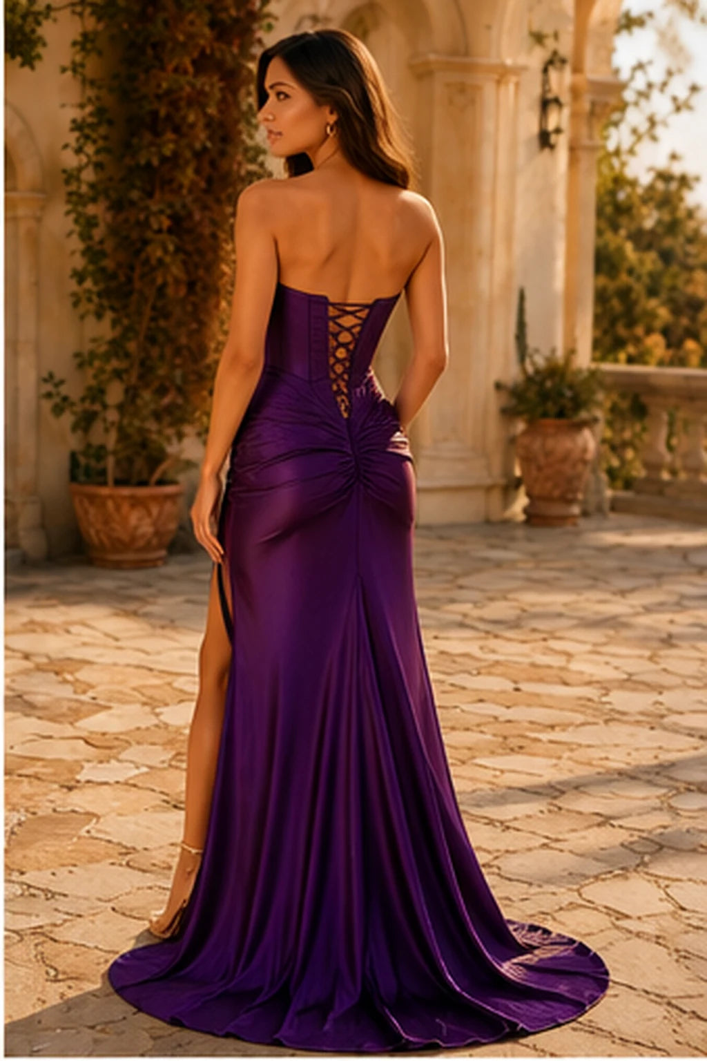 Jorelle Strapless Sweetheart Satin Mermaid Prom Dress with Slit in Gemstone Purple prom gown, back view