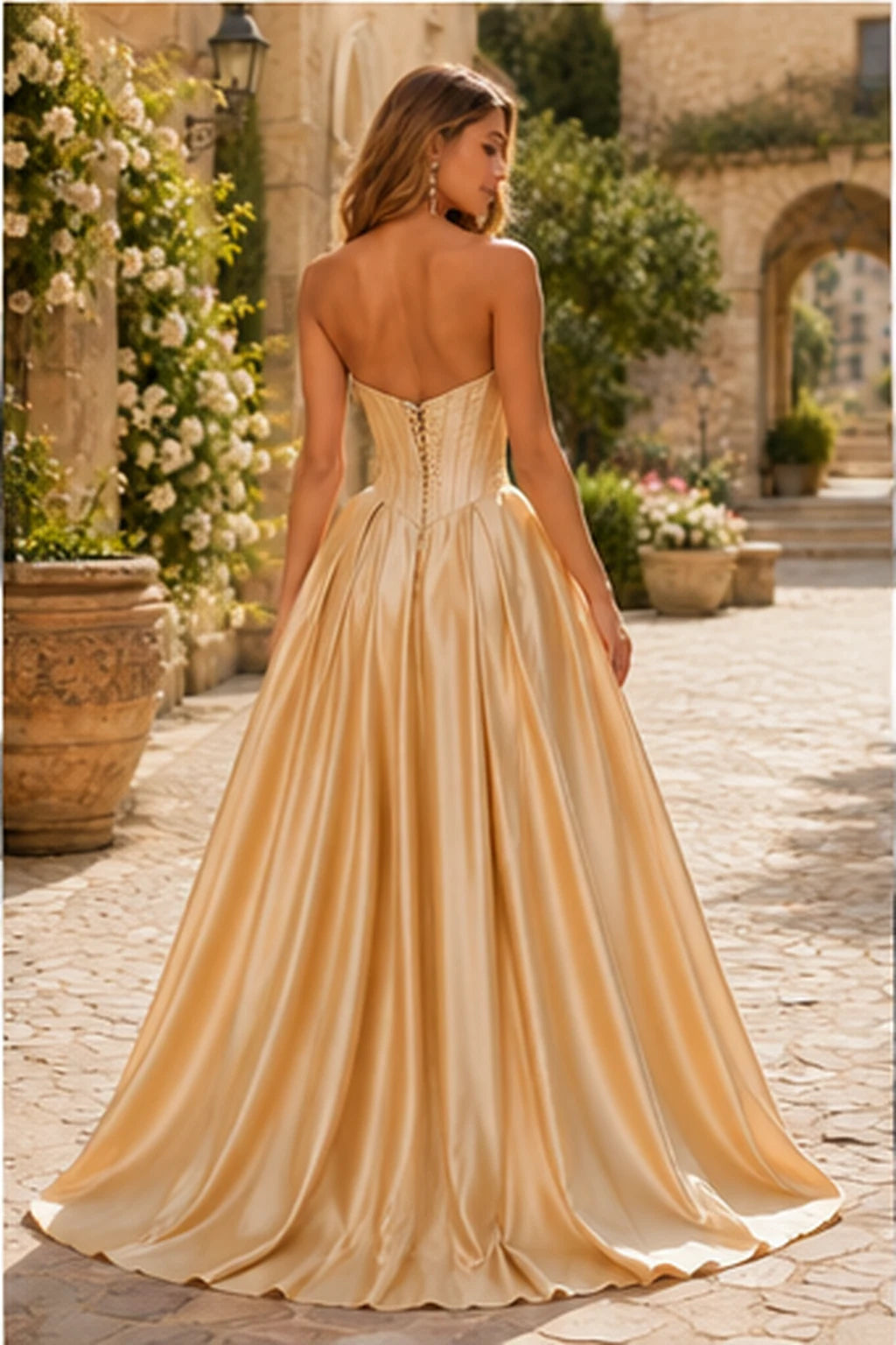 Kazaria Strapless Sweetheart Satin Ball Gown Prom Dress with Slit in Champagne Gold prom gown, back view