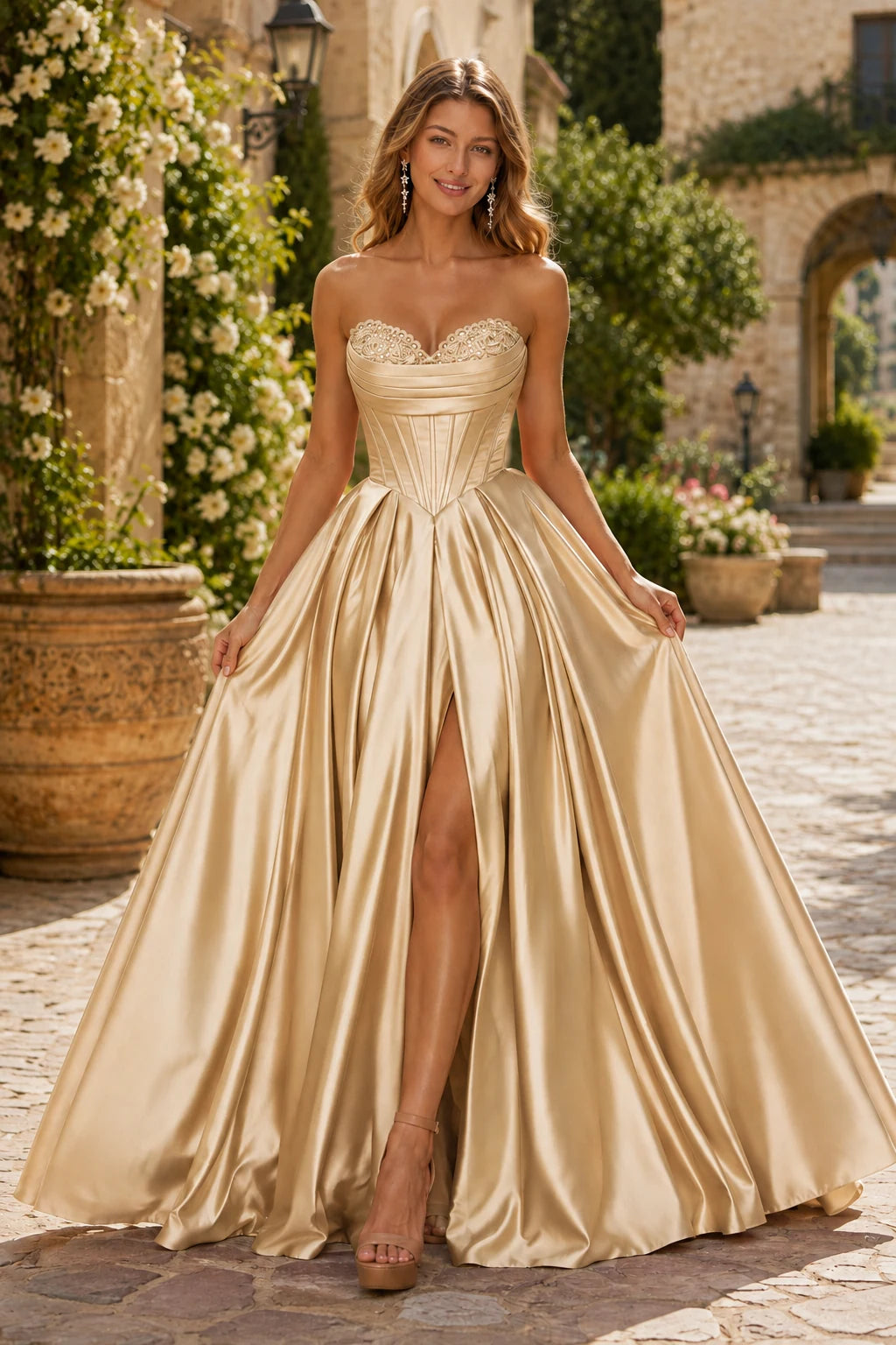 Kazaria Strapless Sweetheart Satin Ball Gown Prom Dress with Slit in Champagne Gold prom gown, front view