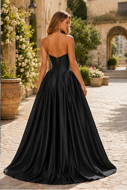 Kazaria Strapless Sweetheart Satin Ball Gown Prom Dress with Slit in Classic Black prom gown, back view