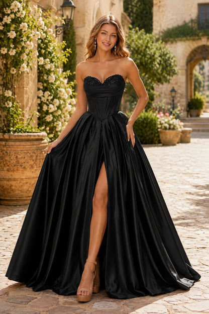 Kazaria Strapless Sweetheart Satin Ball Gown Prom Dress with Slit in Classic Black prom gown, front view